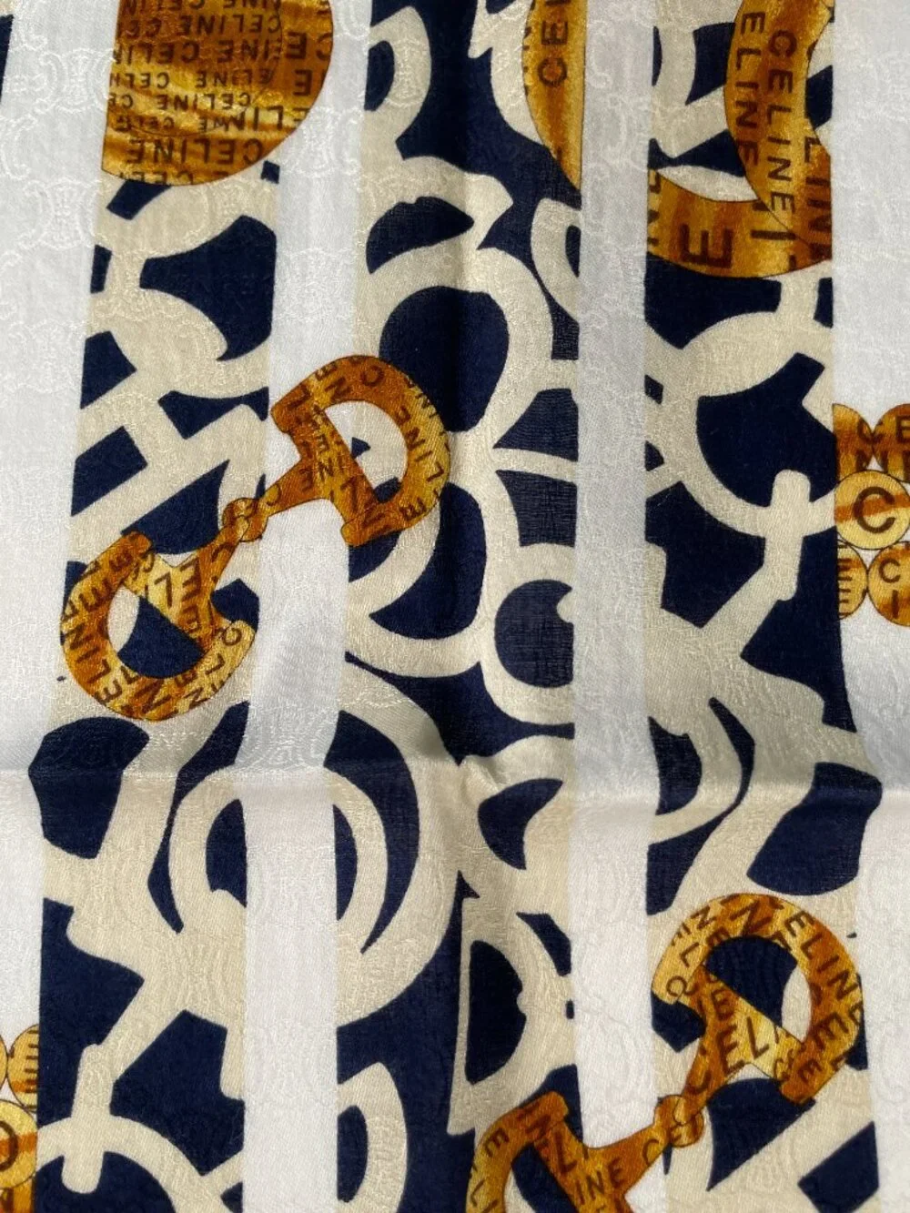 Celine Vintage Cotton Scarf Navy Ivory Gold Logo Stripe Print 22” - Picture 8 of 13